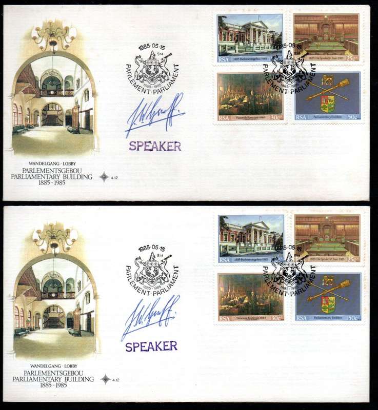 RSA 1985 inaug of the Cape Parliamentary Buildings (x2) fdcs 'signed - speaker' - as per scans.