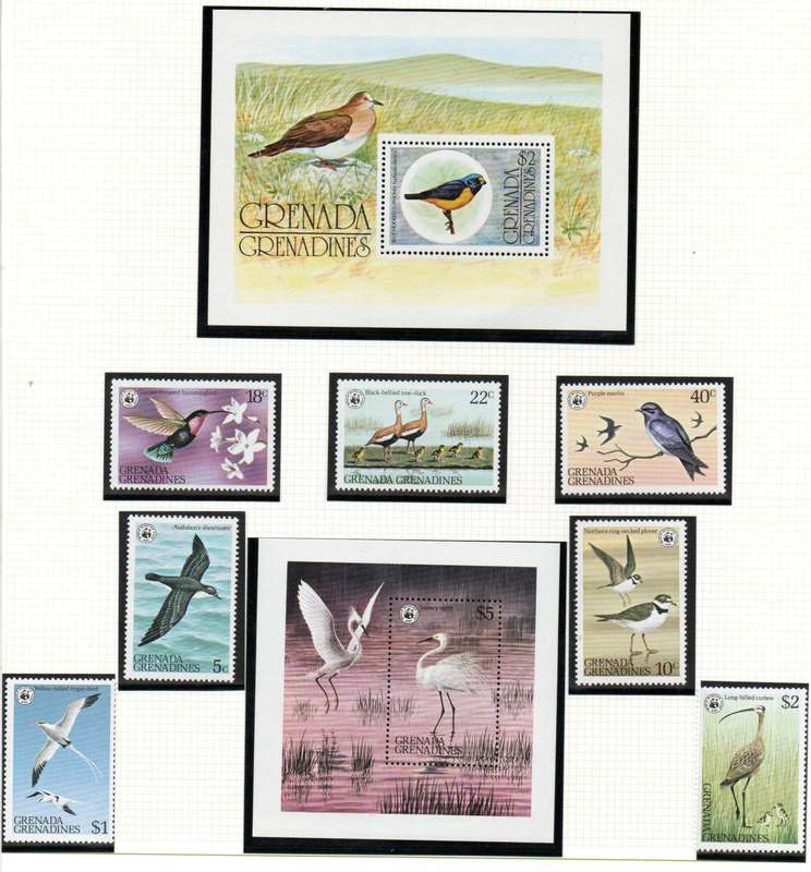Grenadines of Grenada 1976-8 birds msheets (x2) + set of (x6) singles. SGMS154+294-MS301 umm.