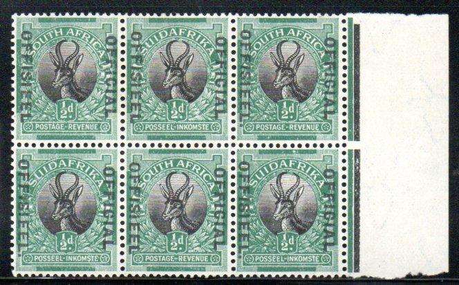 Union 1929 1/2d official blk of (x6) mint 'stop after Offisieel on Eng/stop after Offisieel on Afr'