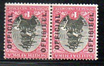 Union 1930-47 1d Official on CC43a (inv wmk) mm pair with variety 'stop after Offisieel Eng stamp'.
