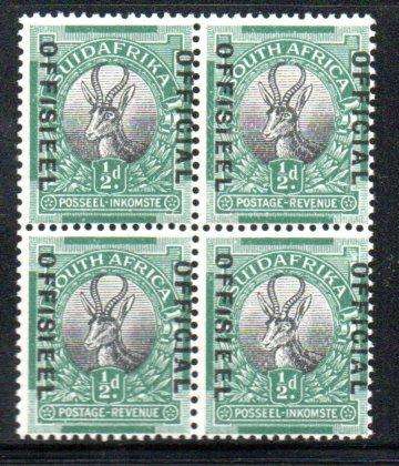 Union 1929 1/2d official blk of (x4) umm with unlisted variety 'overprint shifted into perfs'.