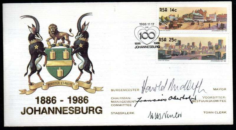 RSA 1986 JOBURG 100 COMMEMORATIVE COVER TRIPLE SIGNED 'MAYOR, TOWN CLERK ETC'. AS PER SCANS.