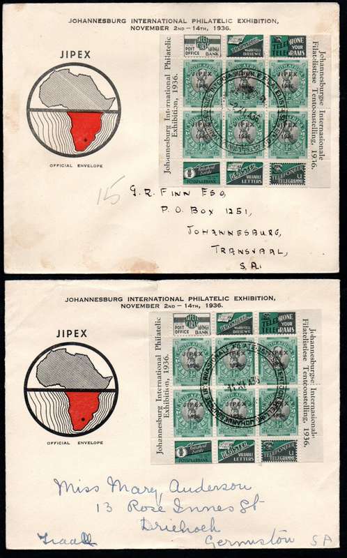 Union 1936 Johannesburg Intl Philatelic Exhibition JIPEX selection of (x9) FDCs. condition mixed etc