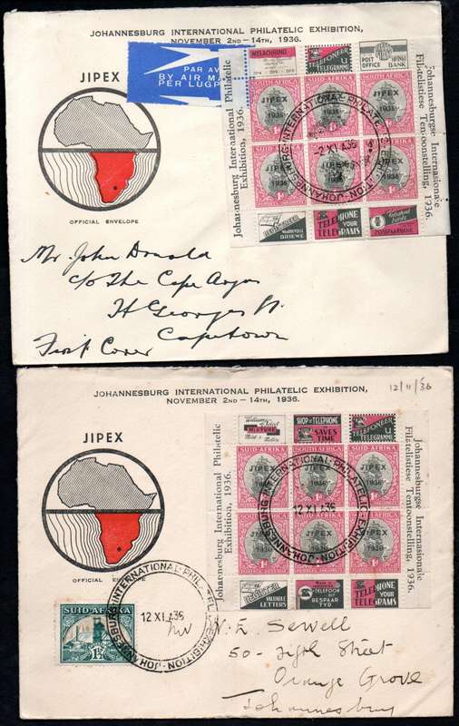 Union 1936 Johannesburg Intl Philatelic Exhibition JIPEX selection of (x9) FDCs. condition mixed etc