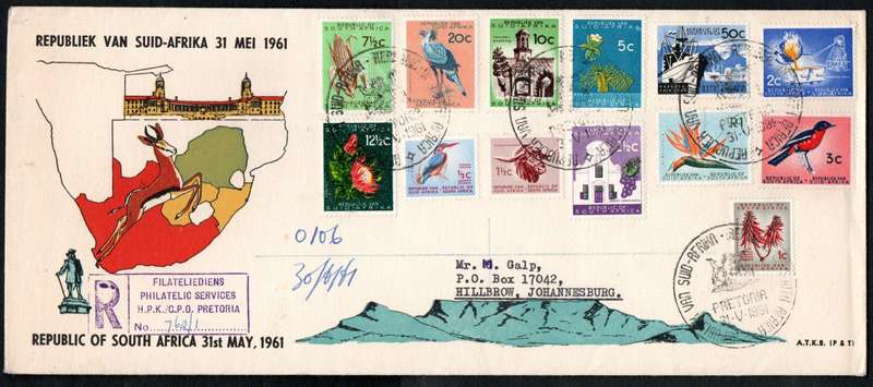 RSA 1961 1st Def new republic (31 may 1961) selection of (x9) FDCs etc - condition etc as per scans.