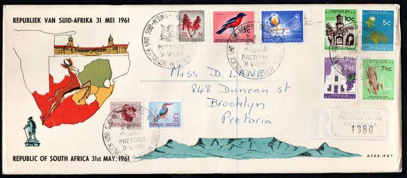RSA 1961 1st Def new republic (31 may 1961) selection of (x9) FDCs etc - condition etc as per scans.