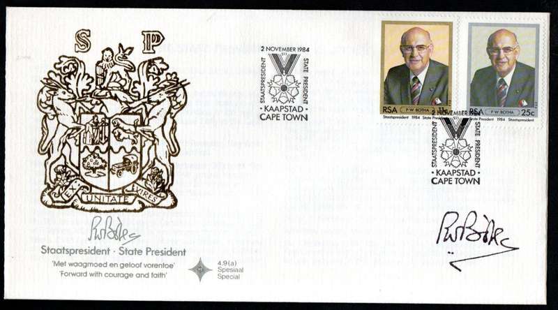 RSA 1984 inauguration of state president PW Botha FDC no 4.9a signed 'Botha' - as per scans.