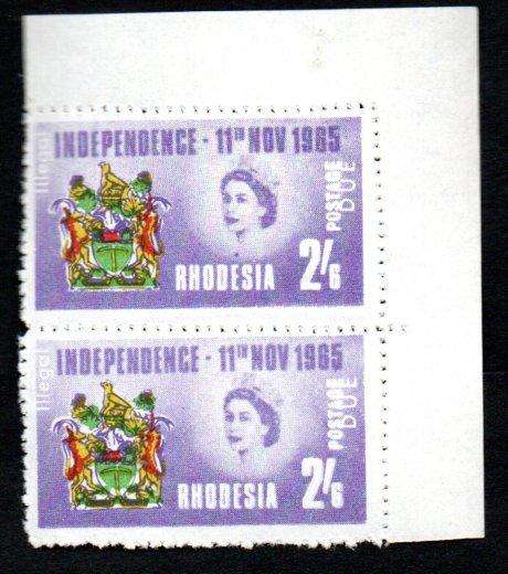 Rhodesia 1965 2s6d independence cnr pair forgery 'illegal' 'due' added by 'Rhodesia Loyalists'. umm.