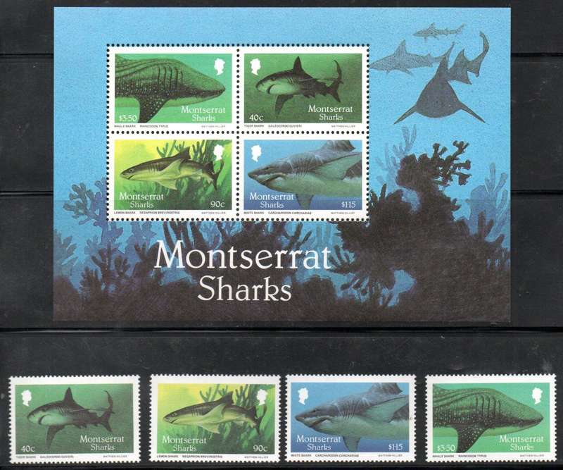 Montserrat 1987 sharks umm set of (x4) singles + msheet - SG719-722 - CV GBP 25+.