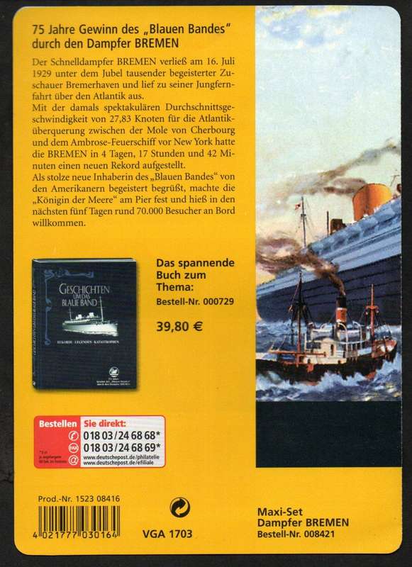 Germany 2004 75th anni of the Steamer "Bremen" winning the Blue Ribbon mint self-ad booklet of (x20)