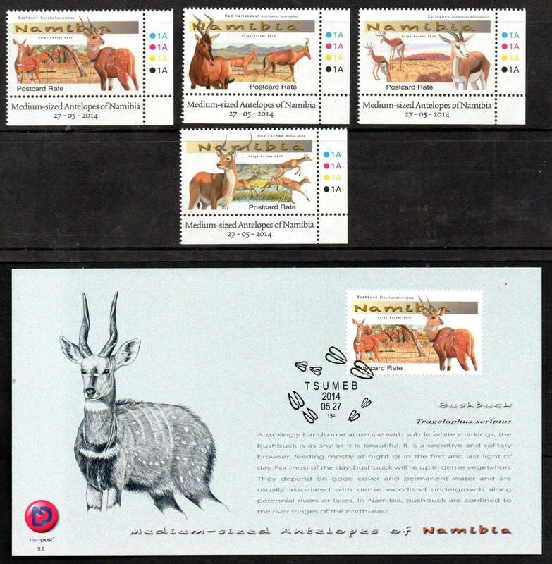 Namibia 2014 medium sized antelopes set of (x4) singles umm CC802-5 + set of (x4) first day cards.