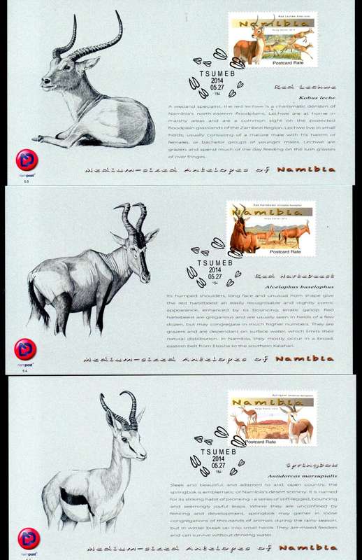 Namibia 2014 medium sized antelopes set of (x4) singles umm CC802-5 + set of (x4) first day cards.