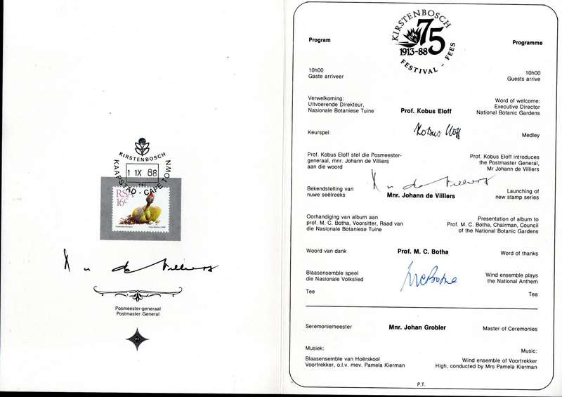 RSA 1988 5th def issue succulents/Kirstenbosch 75 Festival program multiple signed' - as per scans.