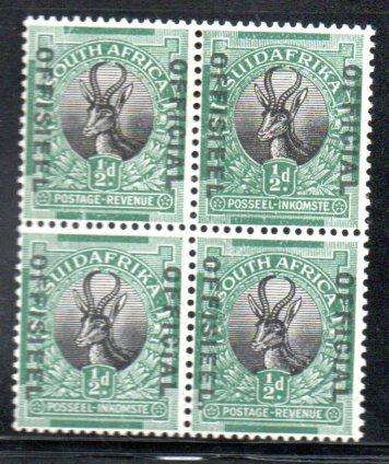 UNION 1929 1/2d OFFICIAL BLK OF (X4) M/M WITH VARIETY 'STOP AFTER OFFISIEEL ON ENG' CC8a. CV R750.