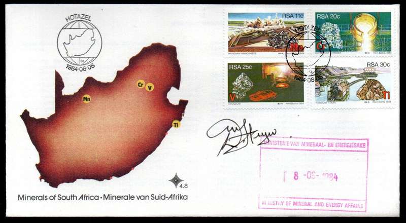 RSA 1984 Strategic minerals FDC no 4.6 signed/rubber stamped 'Daniel Steyn - Minister of Minerals'