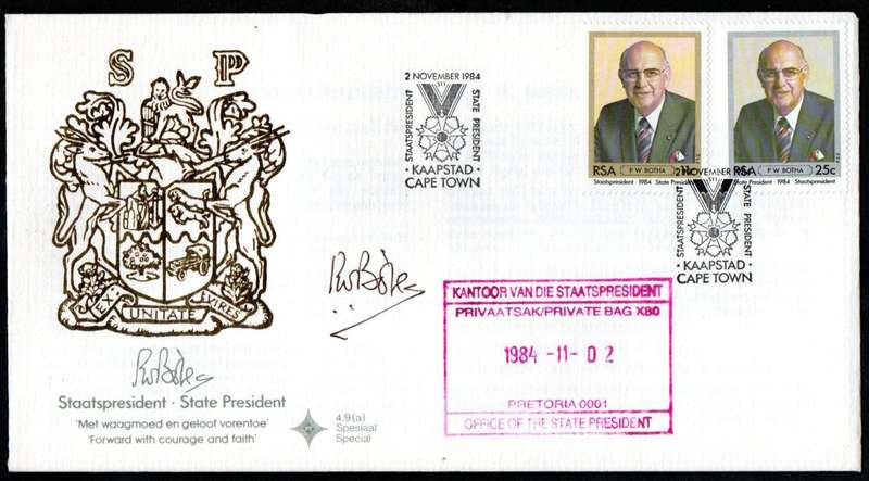 RSA 1984 inauguration of state president PW Botha FDC no 4.9a signed 'Botha' - as per scans.