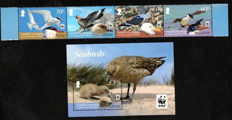 South Georgia+South Sandwich Islands 2012 seabirds (WWF) set of (x4) in strip + msheet umm. SG556-9.