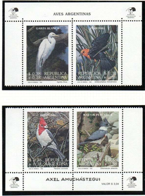 Argentina 1993 paintings of birds umm set of (x4) in (x2) marginal pairs - SG2341-4  CV GBP 11.