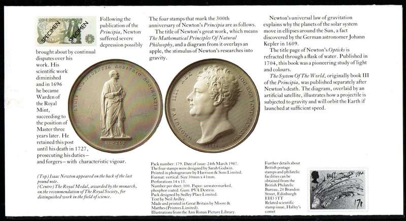Gb 1987 300th anniv of the Principia Mathematica by Sir Isaac Newton mint presentation pack no 179.