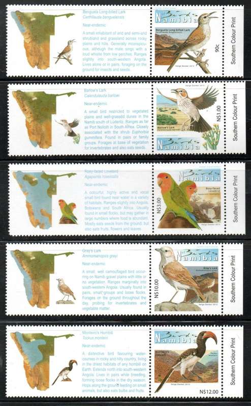 Namibia 2013 5th def add values (birds) set of (x5) umm singles with gutter margins - SACC773-65.