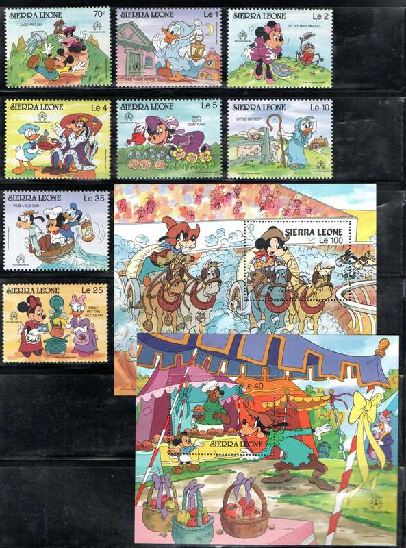 Sierra Leone 1986 Disney characters set of (x8) + (x2) msheets - SG979/MS987  CV GBP 13+