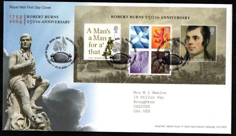 GB 2009 250th birth anniv of Robert Burns first day cover (Tallent's House) - nice item.