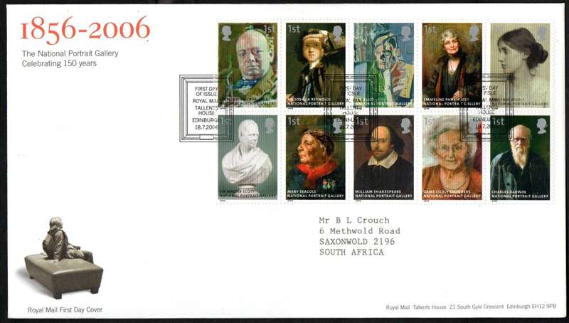 GB 2006 150th anniv of National Portrait Gallery (x2) first day covers (both postmarks)  CV GBP 19.