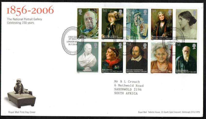 GB 2006 150th anniv of National Portrait Gallery (x2) first day covers (both postmarks)  CV GBP 19.
