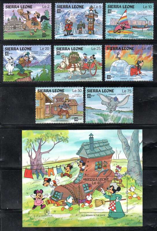 Sierra Leone 1987 CAPEX 87 Disney characters set of (x8) + (x2) msheets - SG1019/MS1027  CV GBP 18+