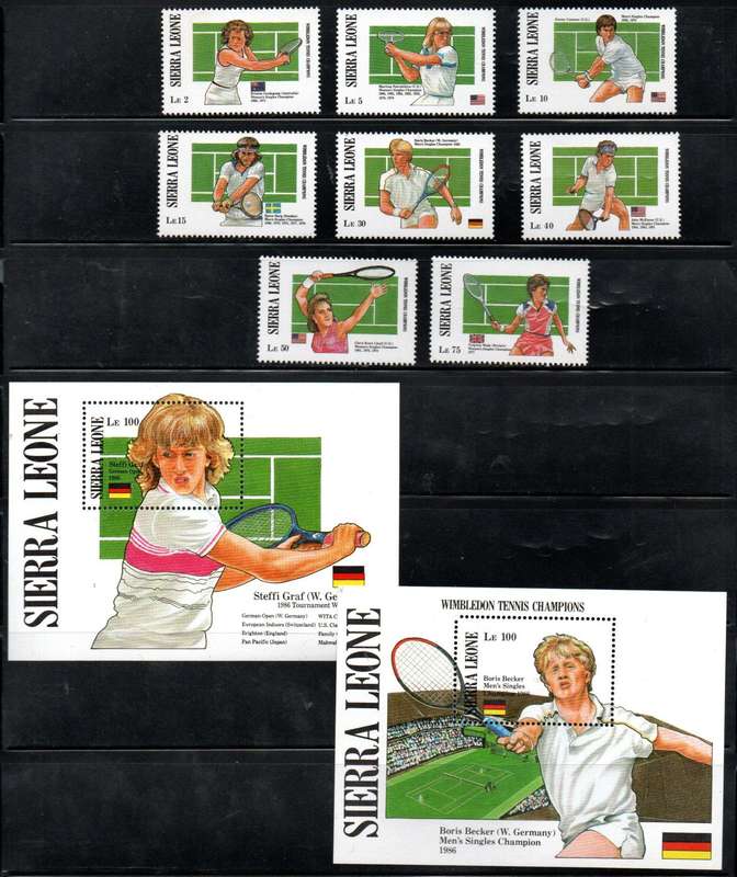 Sierra Leone 1987 Wimbledon tennis champs set of (x8) + (X2) msheets umm - SG1068/MS1076 - CV GBP 27