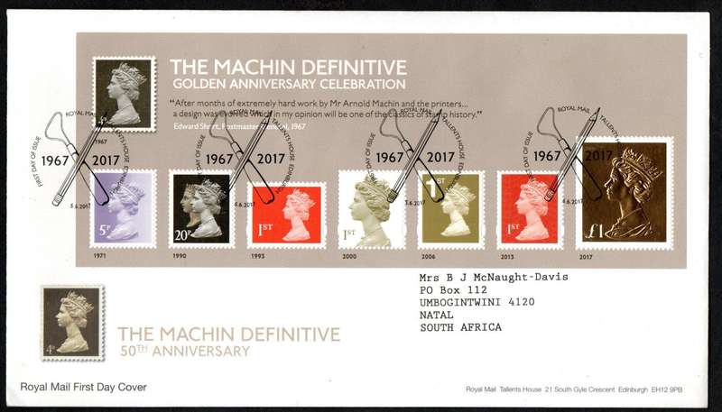 GB 2017 50TH ANNIV OF THE MACHIN DEFINITIVE (X2) FIRST DAY COVERS - CV GBP 24.