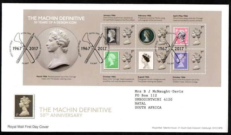 GB 2017 50TH ANNIV OF THE MACHIN DEFINITIVE (X2) FIRST DAY COVERS - CV GBP 24.