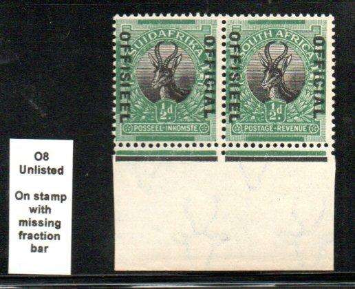 Union 1929 official 1/2d pair umm SACCO8 with unlisted variety missing fraction bar.