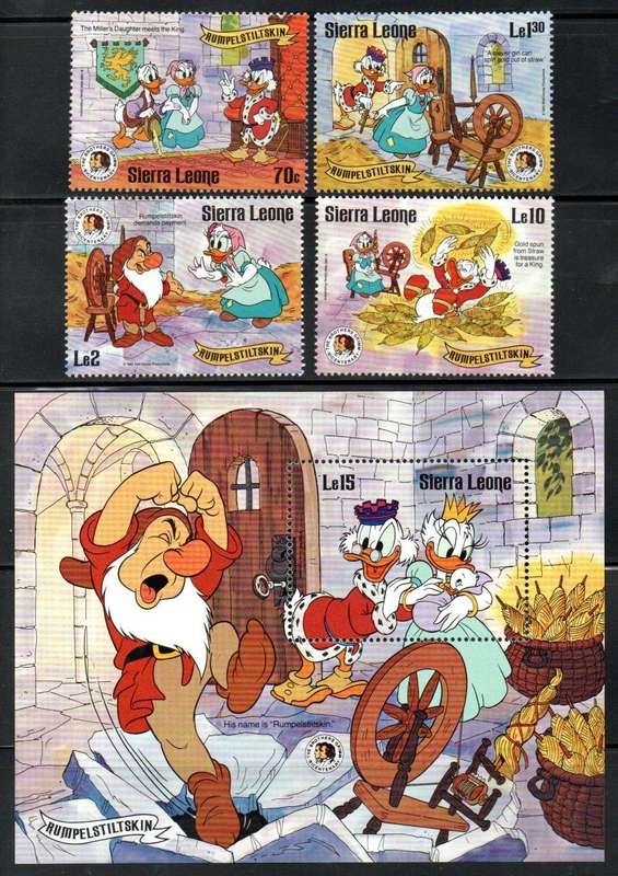 Sierra Leone 1985 bicent of Grimm Brothers  Disney umm set of (x4)+msheet  SG913-MS917  CV GBP 9+