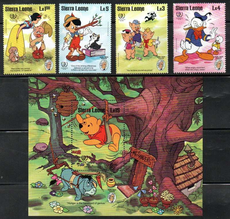Sierra Leone 1985 birth ann of Mark Twain Disney umm set of (x4) + msheet  SG908-MS912  CV GBP 10+