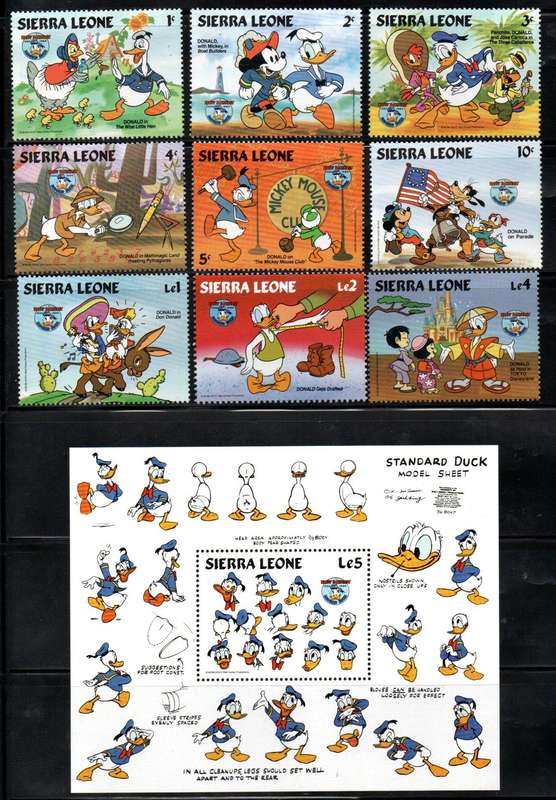 Sierra Leone 1984 50th birthday of Donald duck umm set of (x9) + msheet  SG843-MS852  CV GBP 11+