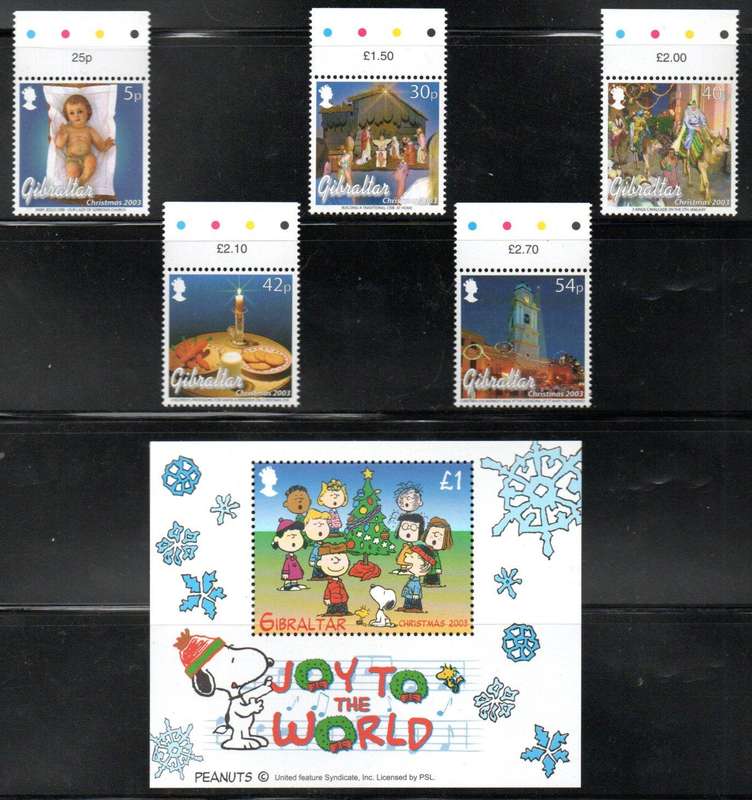 Gibraltar 2003 Christmas umm set of (x5) marginal singles + msheet - SG1066-MS1071  CV GBP 9+.