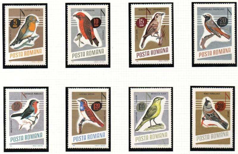 Romania 1966 songbirds umm set of (x8) singles  SG3369-76  CV GBP 11+