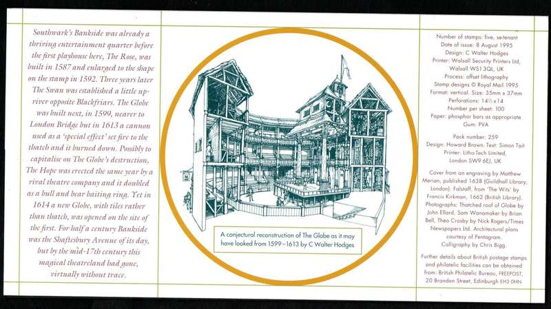 GB 1995 Reconstruction of Shakespeares Globe Theatre mint presentation pack no 259.