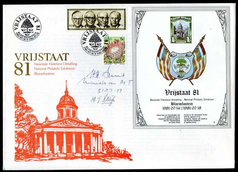 RSA 1981 Vrijstaat 81 Exhibition cover double signed HH Smit - Minister Posts + Theunie Steyn.