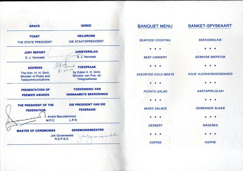 RSA 1981 Vrijstaat 81 banquet programme multiple signed Hennie Smit, Theunie Steyn etc + Unsigned.