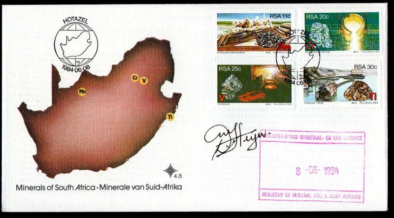 RSA 1984 Strategic minerals FDC no 4.6 signed/rubber stamped 'Daniel Steyn - Minister of Minerals'