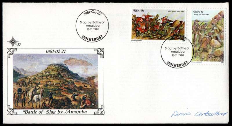 RSA 1981 Centenary of The Battle of Amajuba FDC 3.27 signed by 'stamp artist: Diana Arbuthnot'.