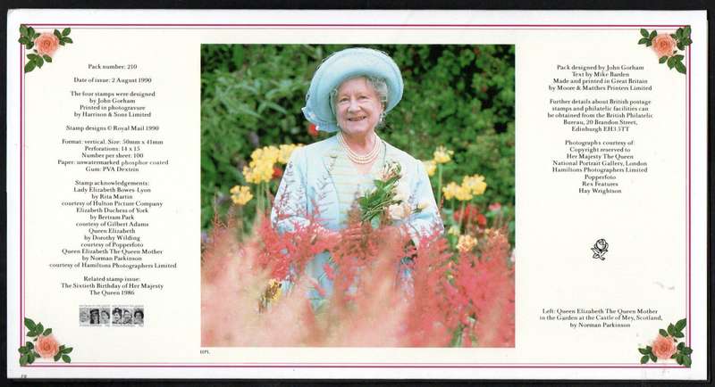 GB 1990 90th birthday of Queen Elizabeth the Queen Mother mint presentation pack no 210.
