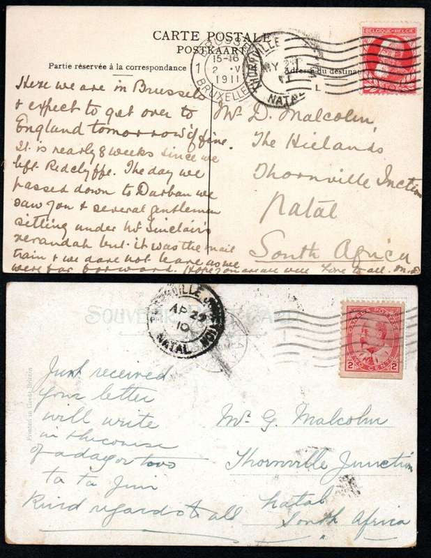 South Africa 1910/11 (X2) Pcards from Canada+Belgium with scarce Thornville Junction postmarks.