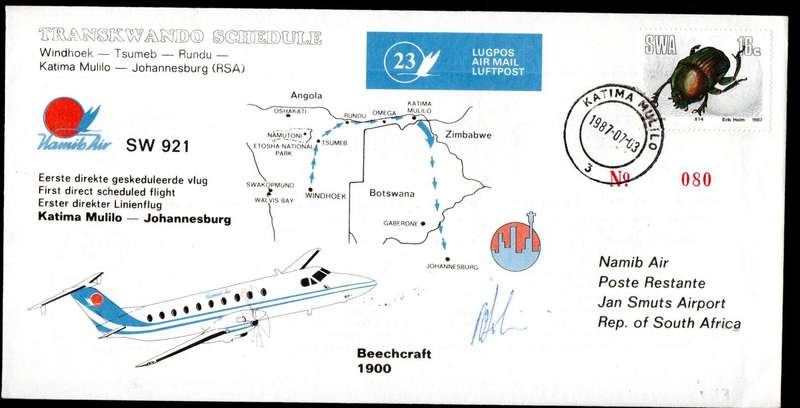 SWA 1987 First direct scheduled flight Katima Mulilo to Joburg cover signed pilot?  as per scans.