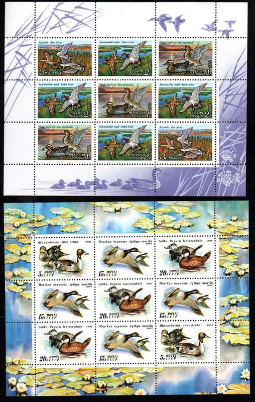 Russia 1991/1992 (x2) ducks mini sheets umm  SG6159-61 + SG6368-70  lovely thematic items.