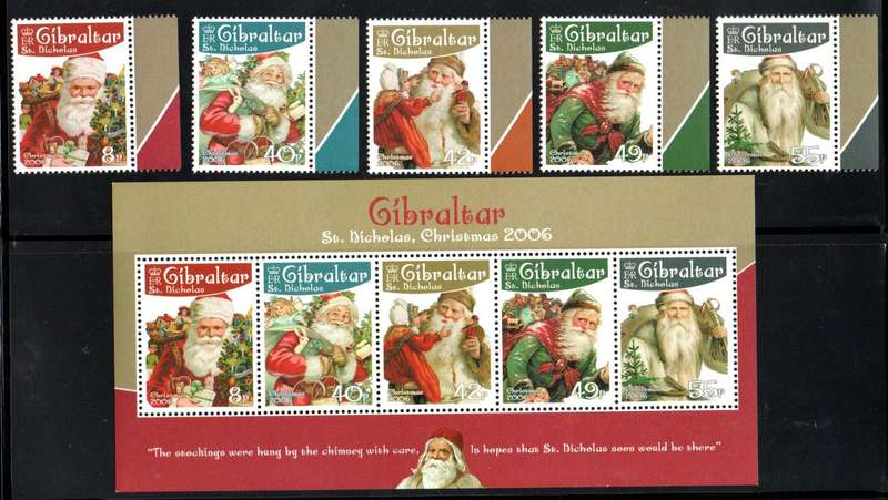 Gibraltar 2006 Christmas  St Nicholas umm set of (x5) + mini sheet  SG1185-MS1190  CV GBP 14.75.