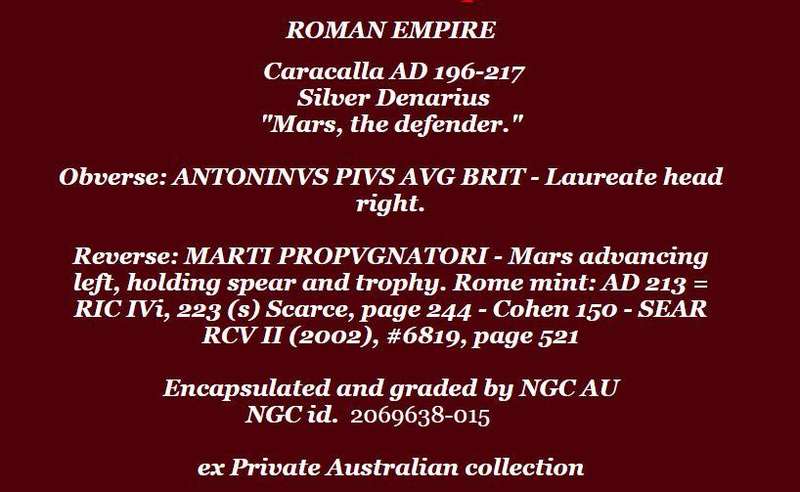 AR Denarius, NGC Certified XF Caracalla Mars Roman Silver coin