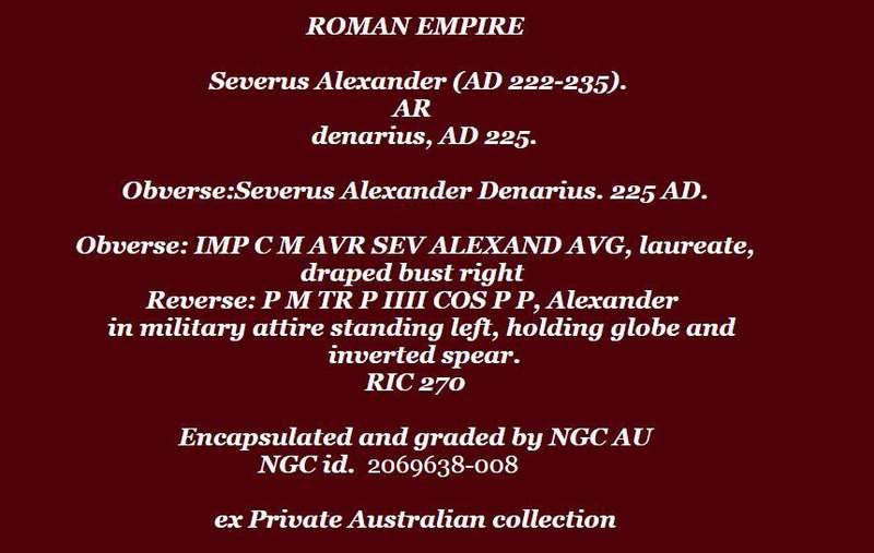 AR Denarius, NGC Certified Severus Alexander AU Roman coin